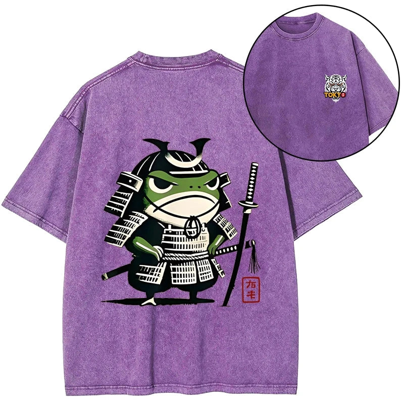 Magmoo Frog Samurai Japan Front Back Washed T-Shirt