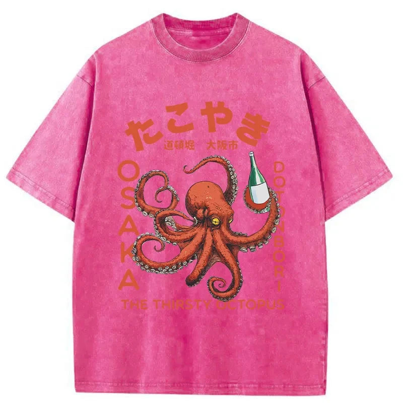 Magmoo Octopus Drinks Soju Washed T-Shirt