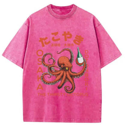 Magmoo Octopus Drinks Soju Washed T-Shirt