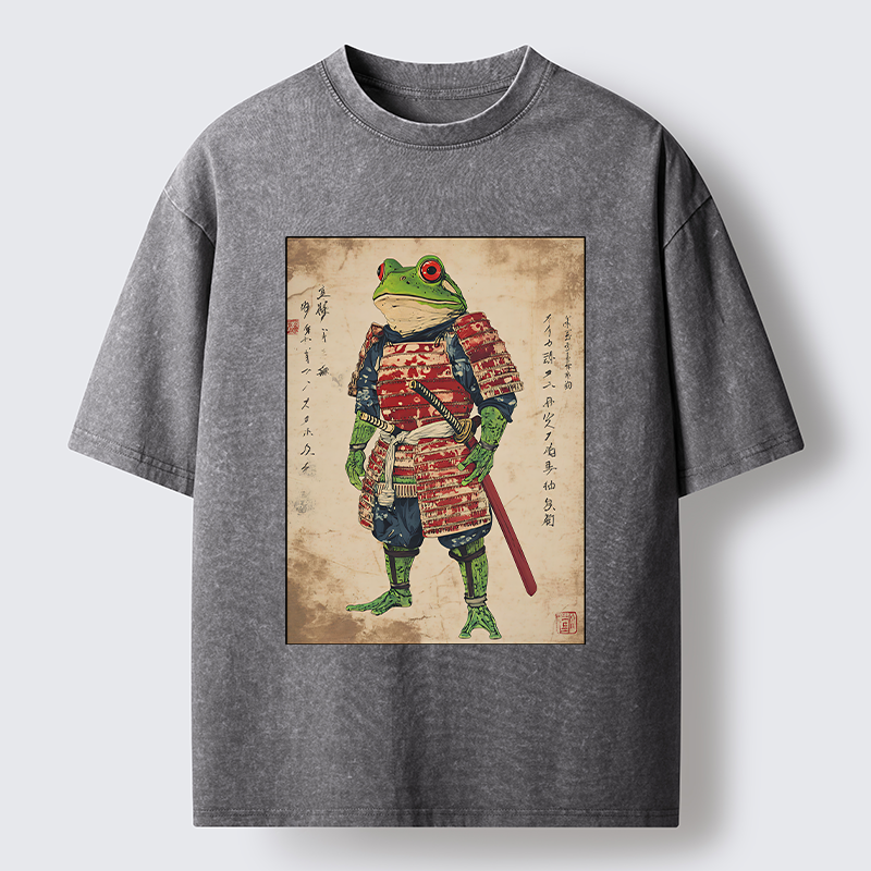 Magmoo Retro Frog Samurai Portrait Washed T-Shirt