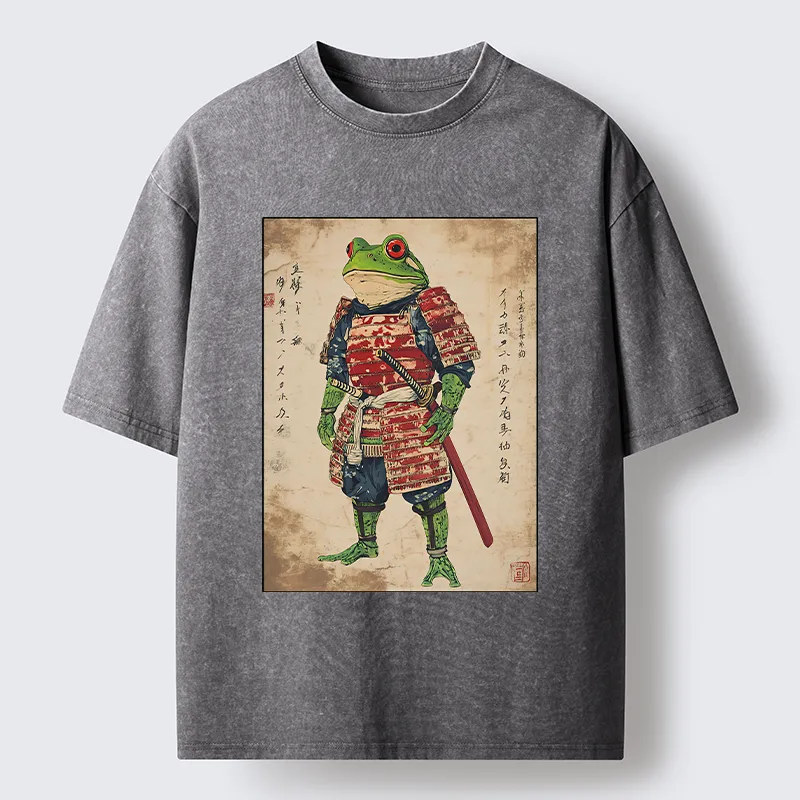 Magmoo Retro Frog Samurai Portrait Washed T-Shirt