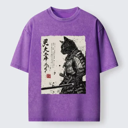 Magmoo Japanese Samurai Cat Funny Washed T-Shirt