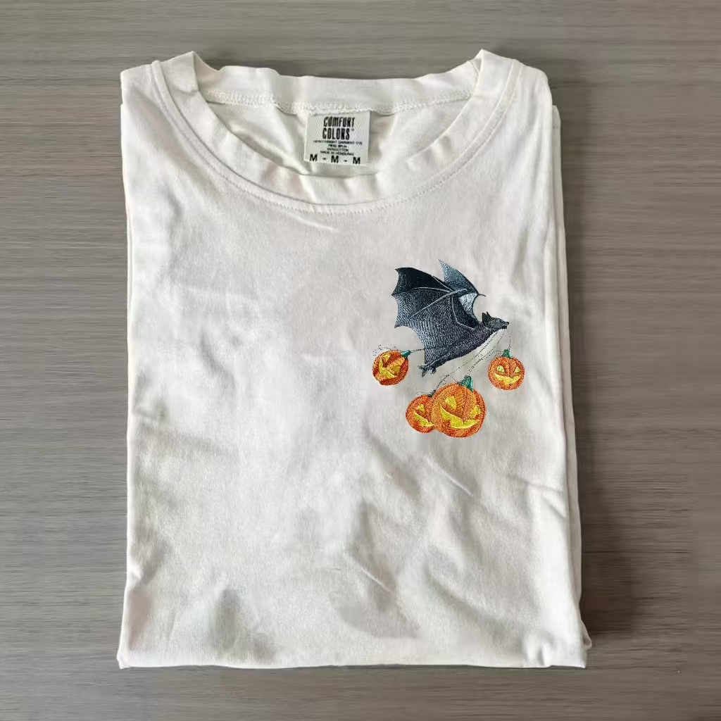 Flying Bat and Jack-O-Laterns Embroidered T-shirt
