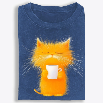 Fluffy Orange Cat with Coffee Retro Washed T-Shirt