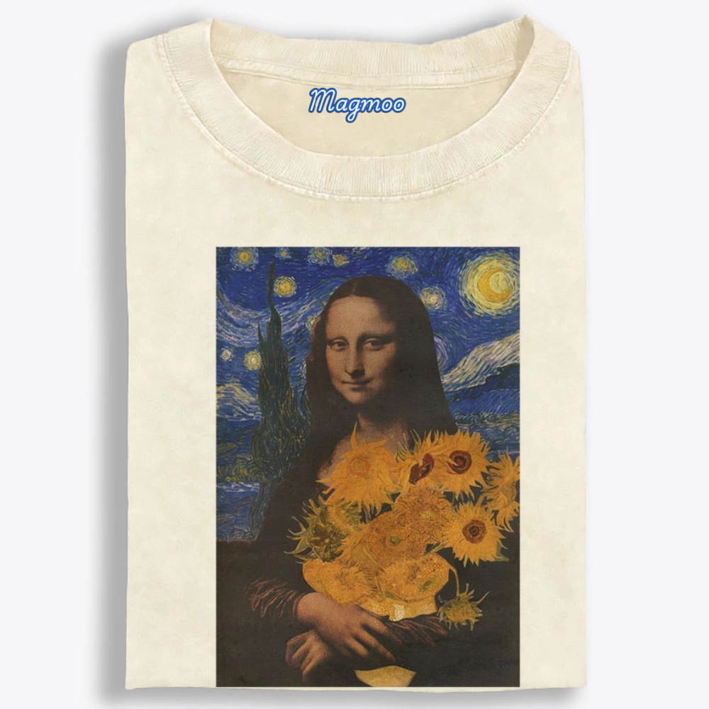 Mona Lisa's Starry Sunflowers Retro Washed T-Shirt