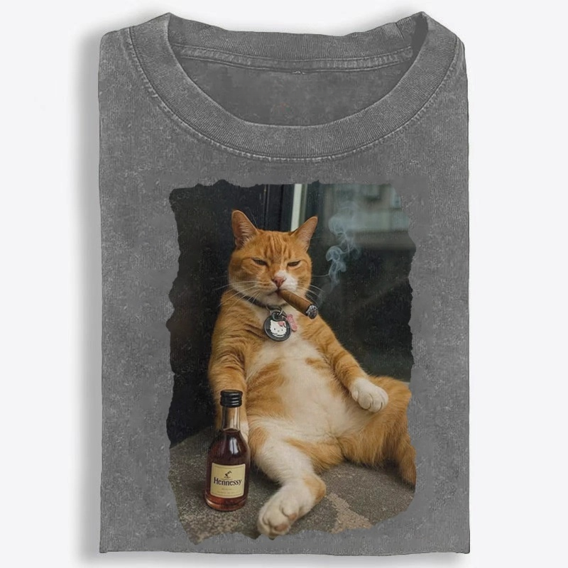 Cigar Cat Retro Washed T-Shirt