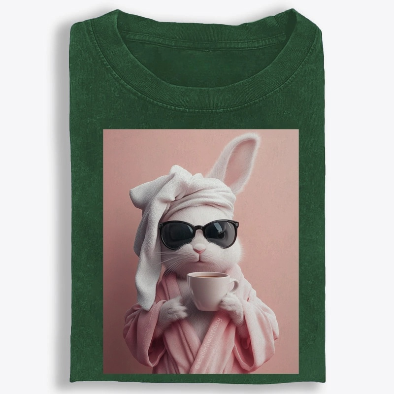 Bunny in Bathrobe Morning Coffee Retro Washed T-Shirt