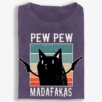 Pew Pew Madafakas Black Cat Retro Washed T-Shirt