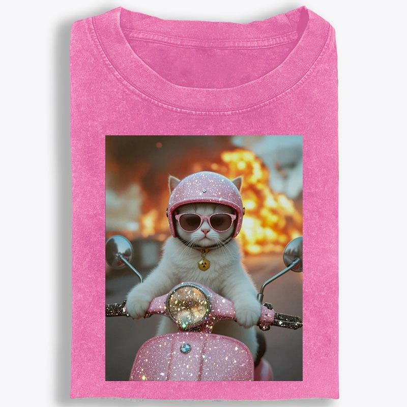 Pink Scooter Cat & Explosion Meme Retro Washed T-Shirt