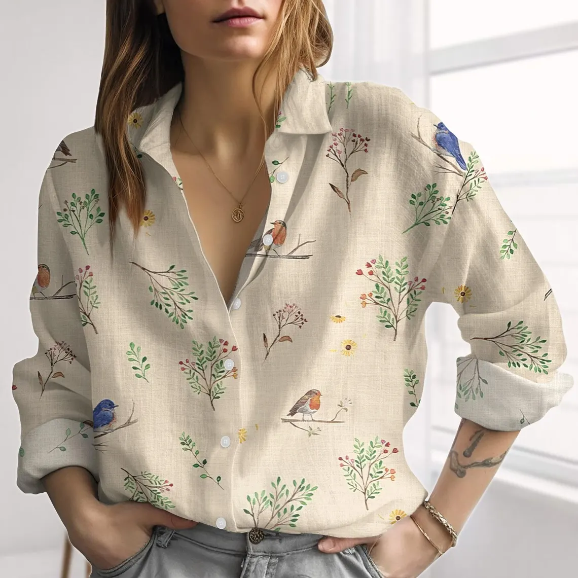 Birds Garden Linen-Look Shirt
