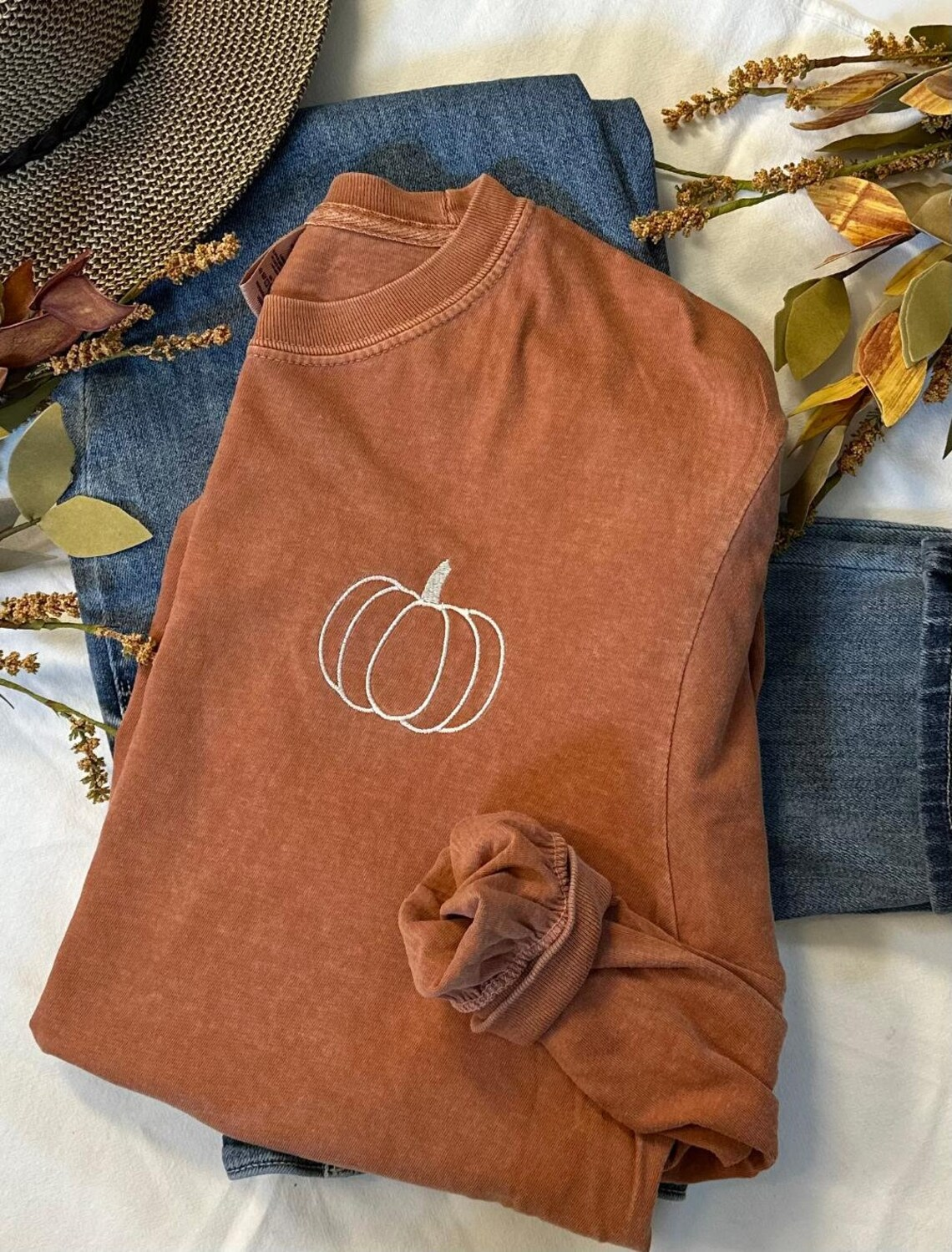 Pumpkin Comfort Colors Embroidered Long Sleeve Tee