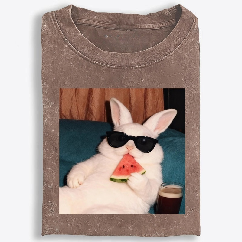 Rabbit Eating Watermelon Sunglasses Retro Washed T-Shirt