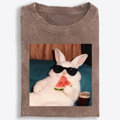 Rabbit Eating Watermelon Sunglasses Retro Washed T-Shirt