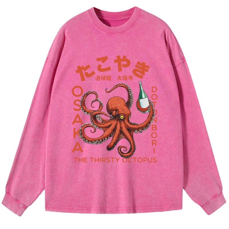 Magmoo Octopus Drinks Soju Washed Long Sleeve T-Shirt