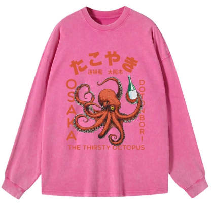 Magmoo Octopus Drinks Soju Washed Long Sleeve T-Shirt
