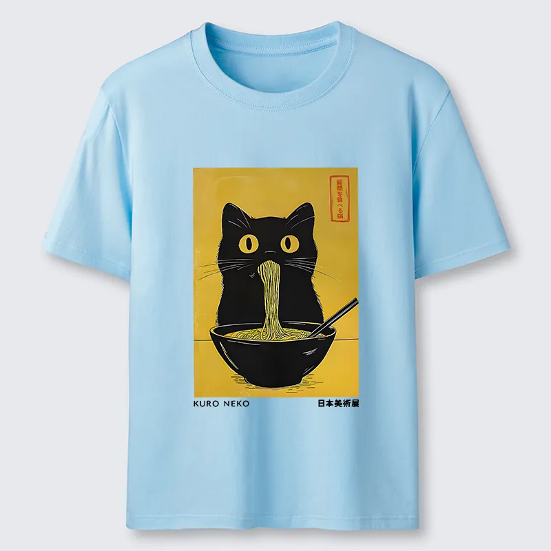 Magmoo Black Cat Eats Ramen In Big Bites Classic T-Shirt-Magmoo