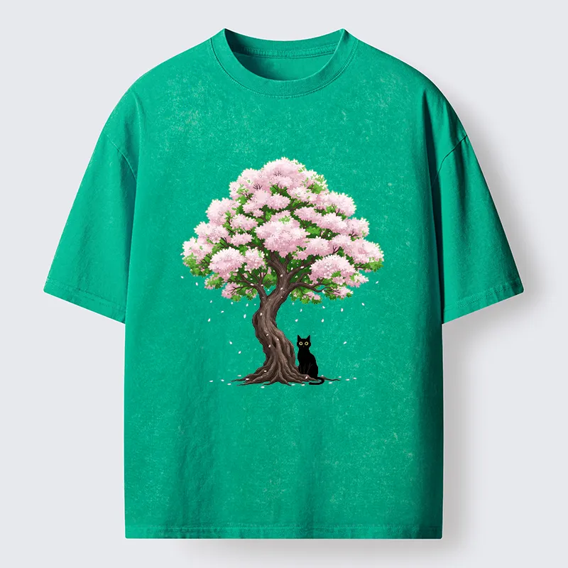 Magmoo Sakura And Cat Washed T-Shirt-Magmoo