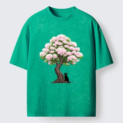 Magmoo Sakura And Cat Washed T-Shirt-Magmoo