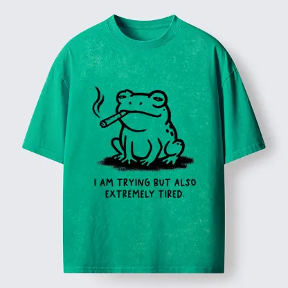 Magmoo Hardworking But Tired Frog Washed T-Shirt
