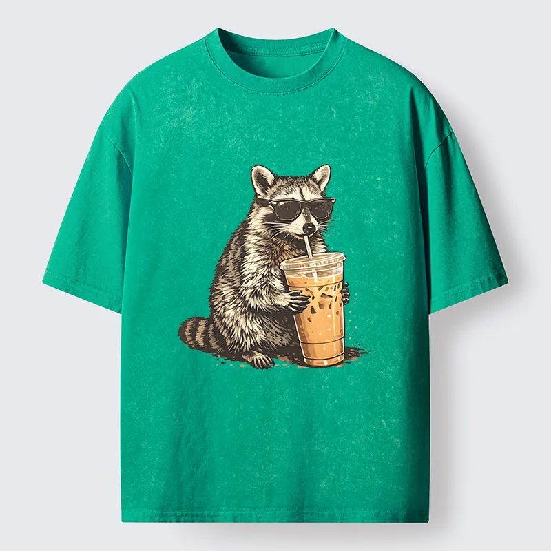 Magmoo Raccoon Drinking Coffee Funny Washed T-Shirt