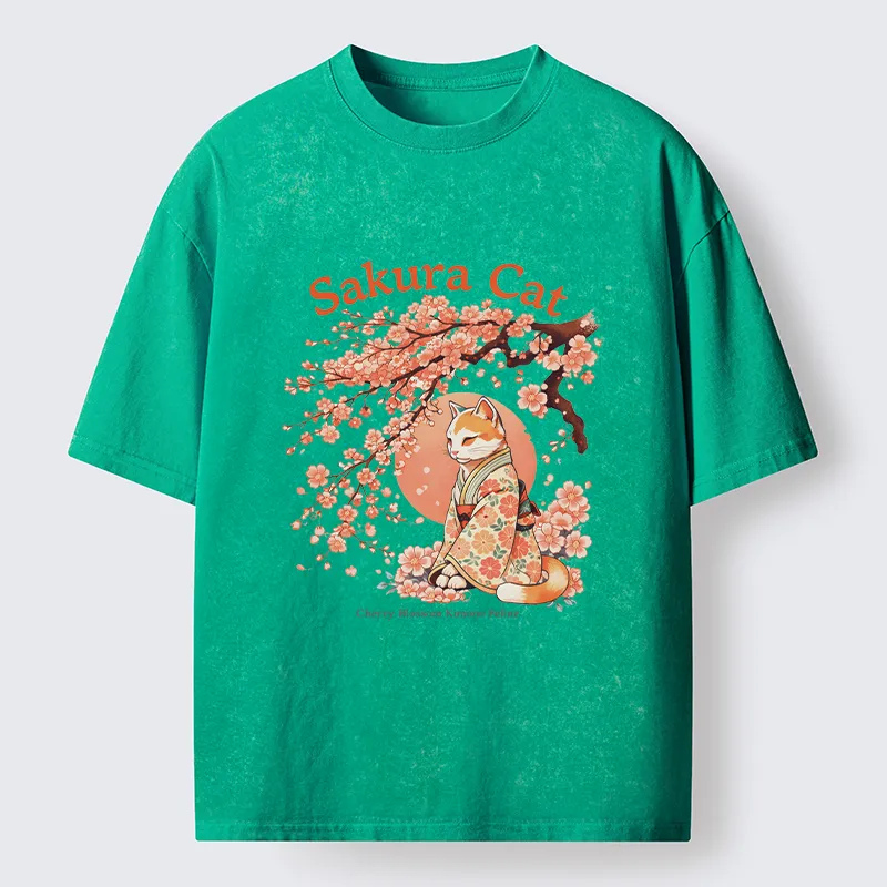 Magmoo Cat Under The Sakura Washed T-Shirt-Magmoo