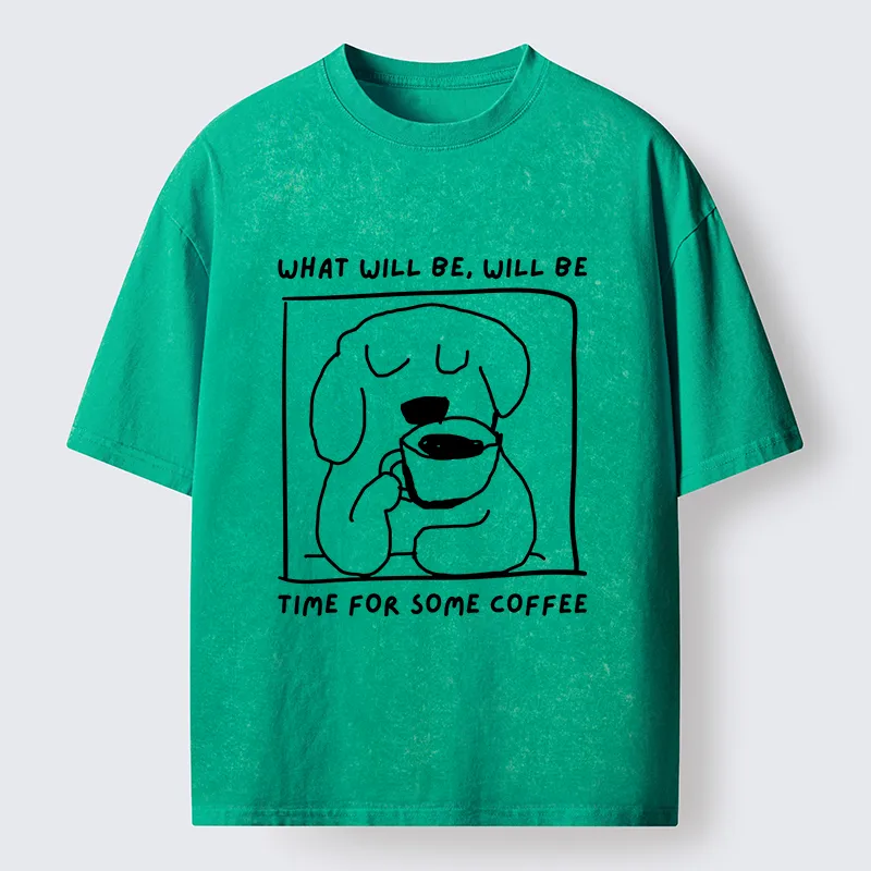 Magmoo Puppy Drinks Coffee Washed T-Shirt-Magmoo