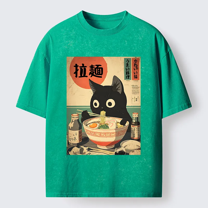 Magmoo Cat Is Eating Ramen At The Restaurant Washed T-Shirt-Magmoo