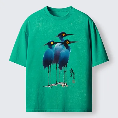Magmoo Great Blue Heron Ink Painting Washed T-Shirt-Magmoo