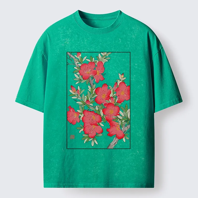 Magmoo Flower Blooms in Ukiyo-e Style Washed T-Shirt-Magmoo