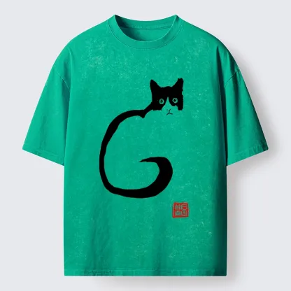 Magmoo Calm Cat in Simple Lines Washed T-Shirt-Magmoo