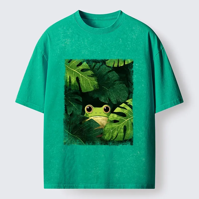 Magmoo Frog Hiding In Green Leaves Washed T-Shirt