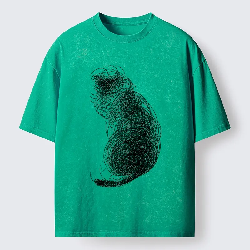 Magmoo Chaotic Line Art Of A Curled Cat Washed T-Shirt-Magmoo