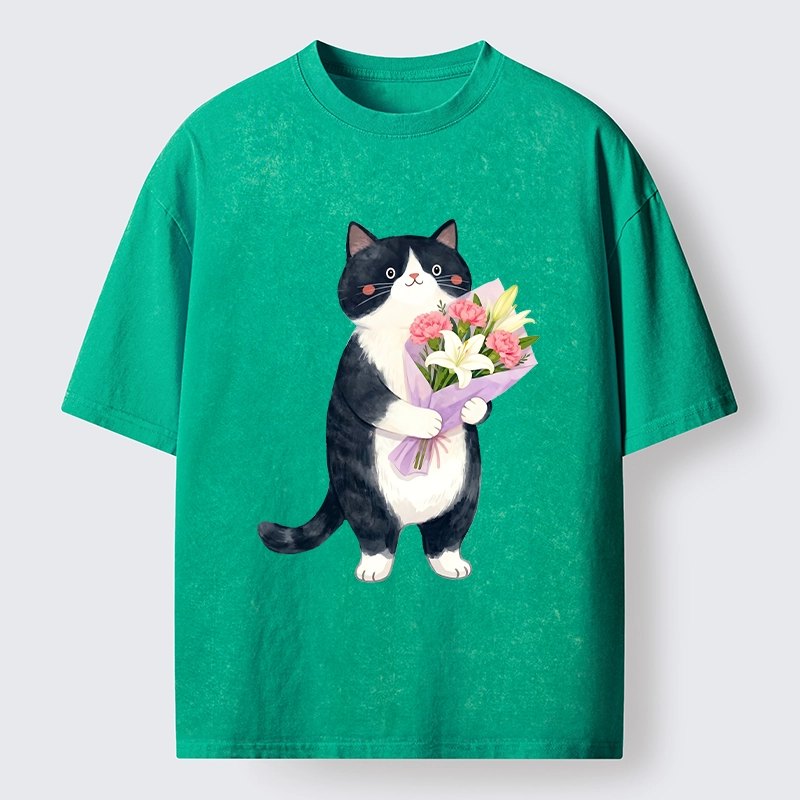 Magmoo Sweet Cat Delivers Flowers Washed T-Shirt-Magmoo