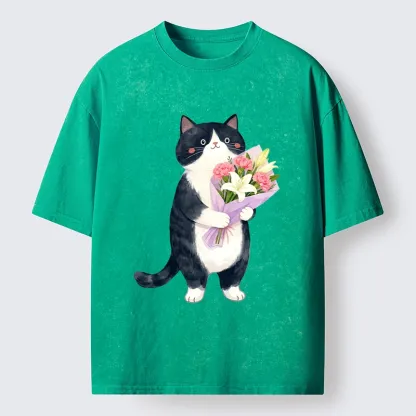 Magmoo Sweet Cat Delivers Flowers Washed T-Shirt-Magmoo