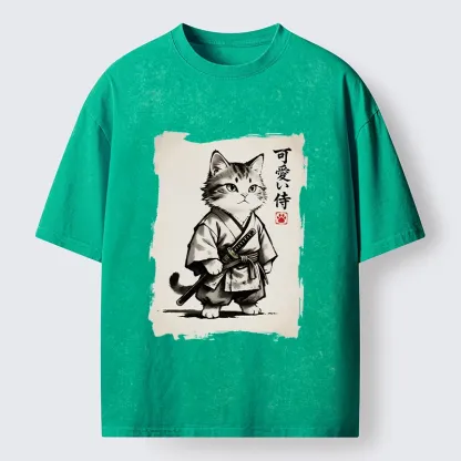 Magmoo Japanese Samurai Cat Illustration Washed T-Shirt