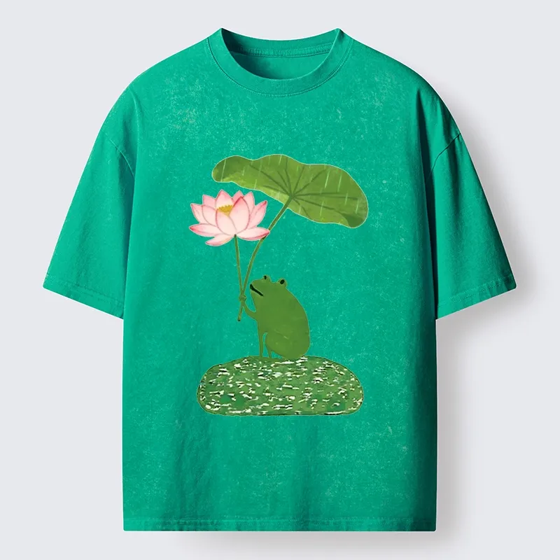 Magmoo Frog With Lotus Umbrella Meme Washed T-Shirt