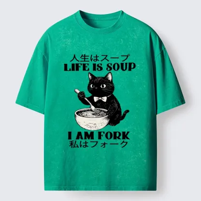 Magmoo Life Is Soup Cat Humor Meme Washed T-Shirt-Magmoo
