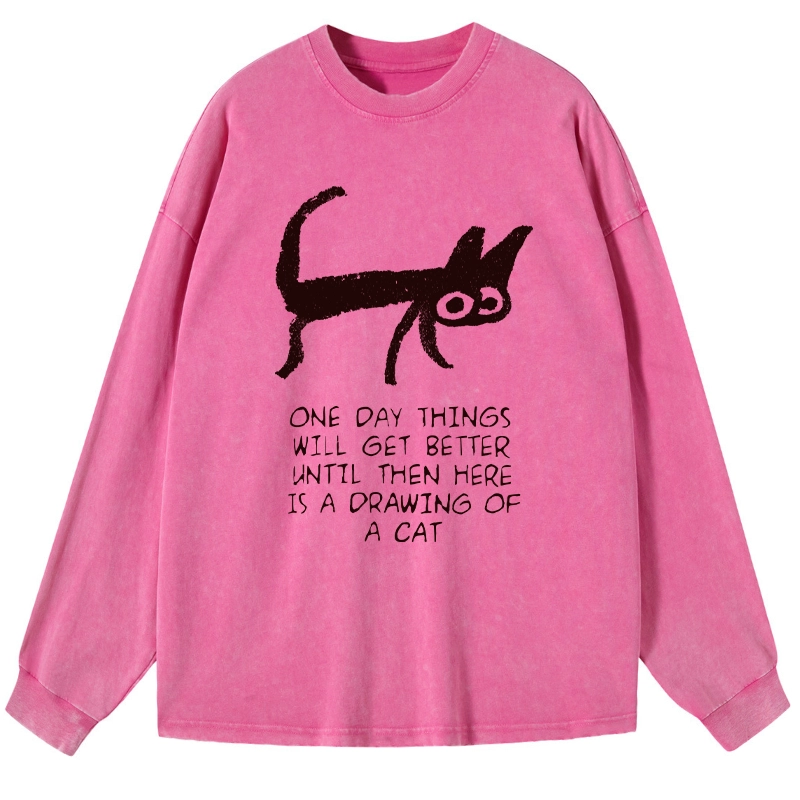Magmoo Cat Cheer Up Drawing Washed Long Sleeve T-Shirt-Magmoo