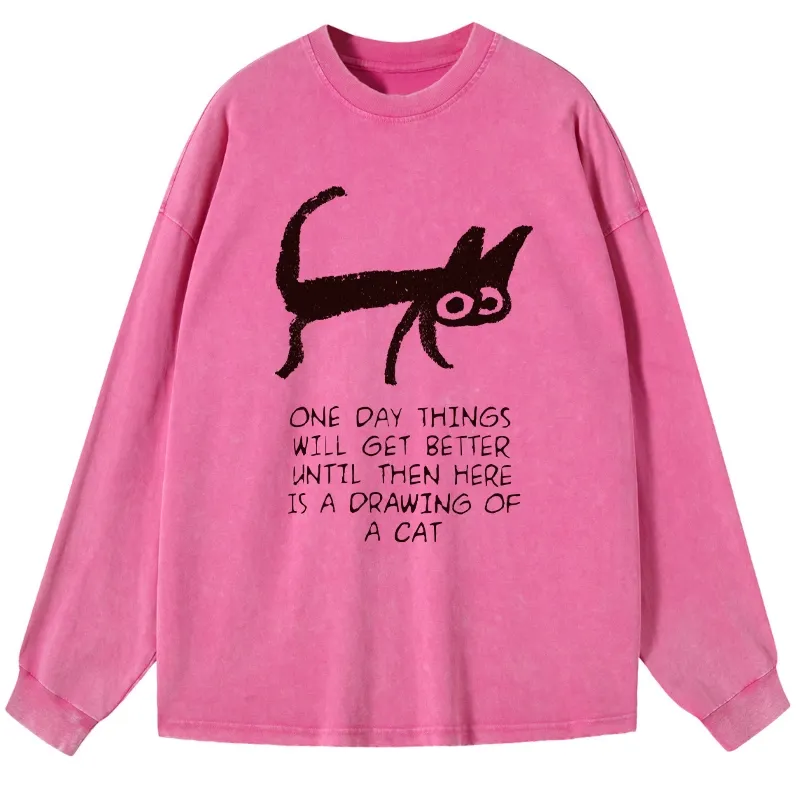 Magmoo Cat Cheer Up Drawing Washed Long Sleeve T-Shirt-Magmoo