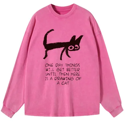 Magmoo Cat Cheer Up Drawing Washed Long Sleeve T-Shirt-Magmoo