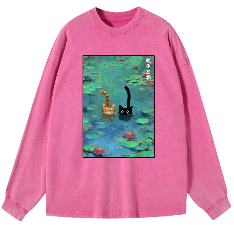 Magmoo Funny Cats Swimming In Lilies Washed Long Sleeve T-Shirt-Magmoo