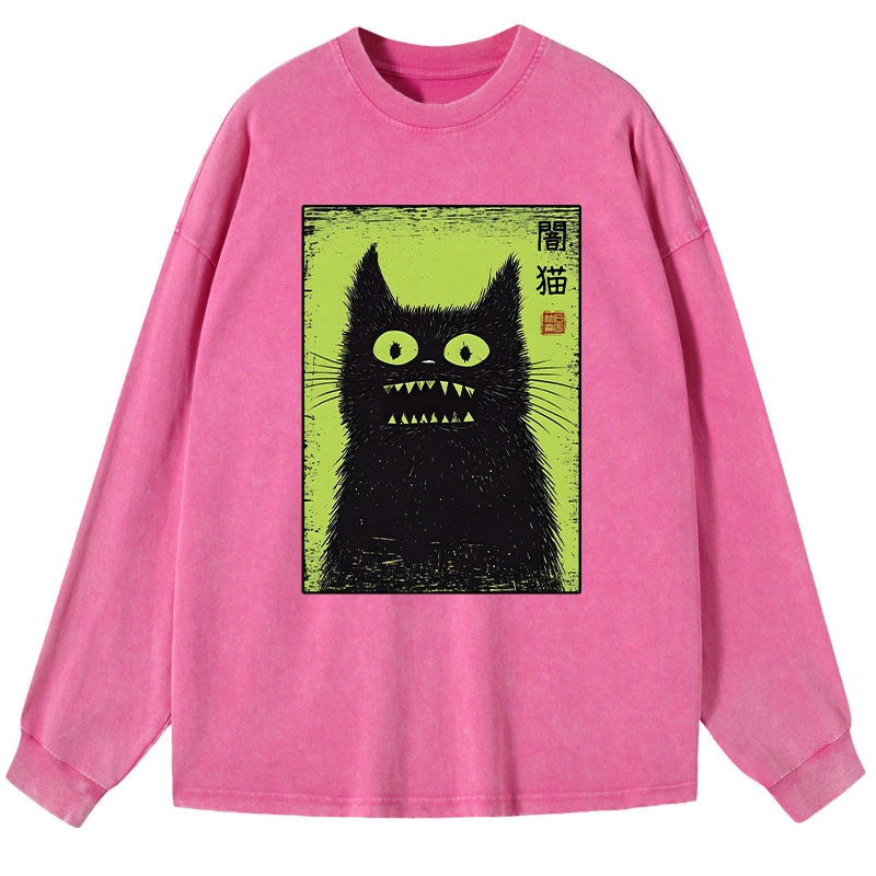 Magmoo Spooky Black Cat Japanese Washed Long Sleeve T-Shirt-Magmoo