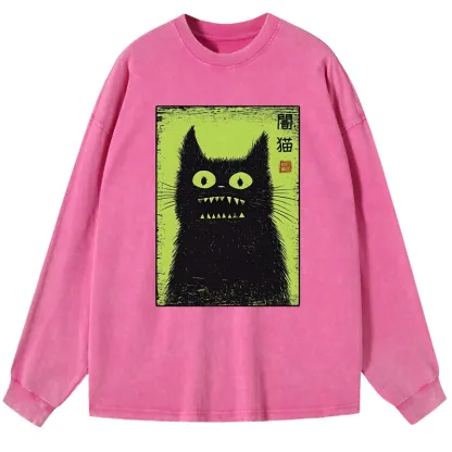 Magmoo Spooky Black Cat Japanese Washed Long Sleeve T-Shirt-Magmoo