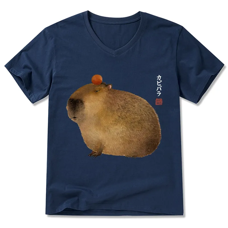 Magmoo Calm Capybara Illustration V-Neck Classic T-Shirt-Magmoo