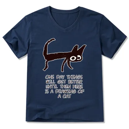 Magmoo Cat Cheer Up Drawing V-Neck Classic T-Shirt-Magmoo