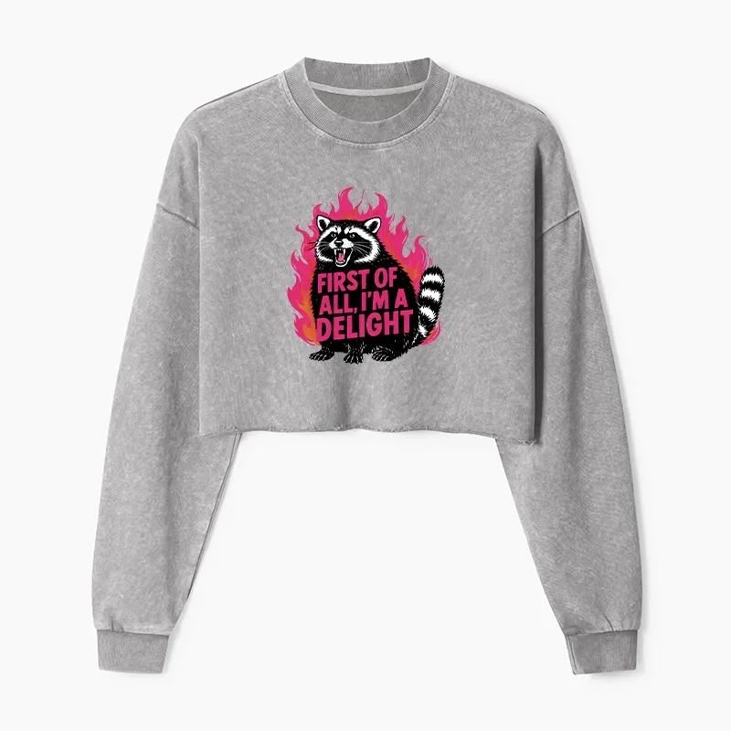 Magmoo Angry Raccoon Funny Washed Crop Sweatshirt