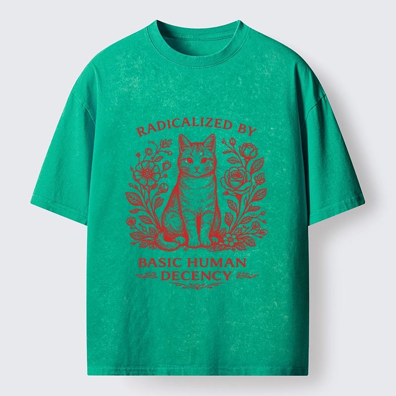 Magmoo Cat Roses Radical Human Decency Washed T-Shirt