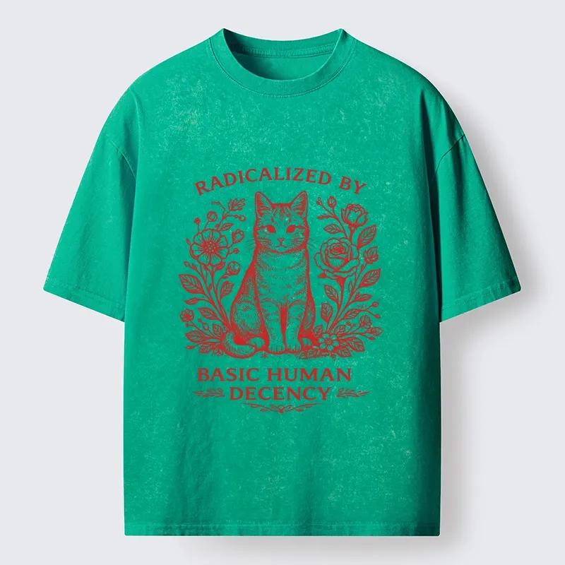 Magmoo Cat Roses Radical Human Decency Washed T-Shirt