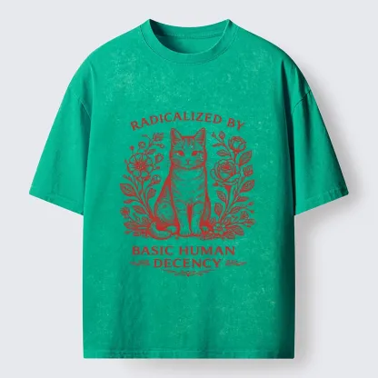 Magmoo Cat Roses Radical Human Decency Washed T-Shirt