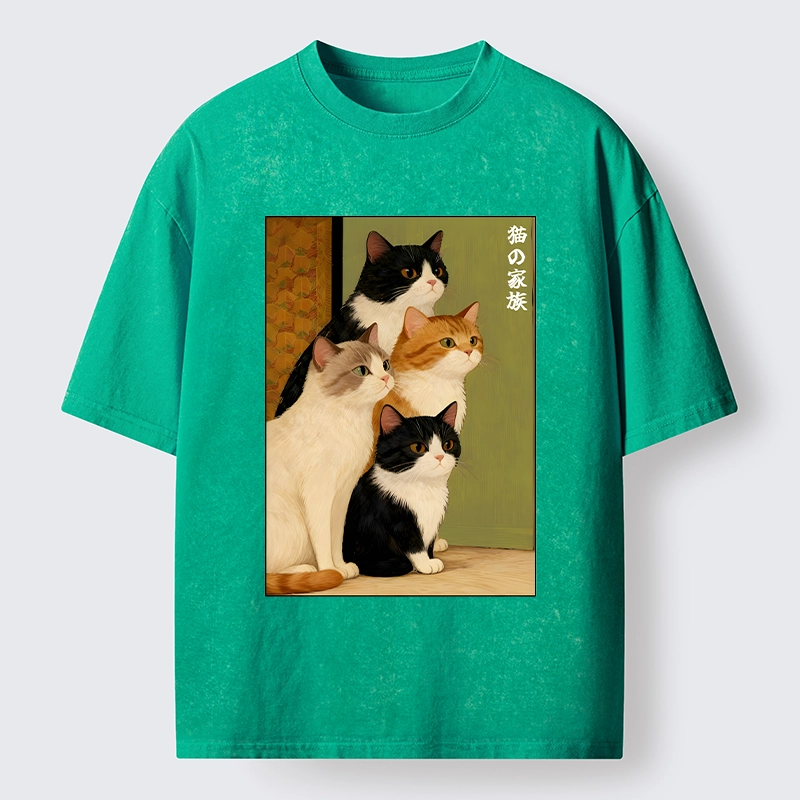 Magmoo Funny Japanese Cat Family Portrait Washed T-Shirt